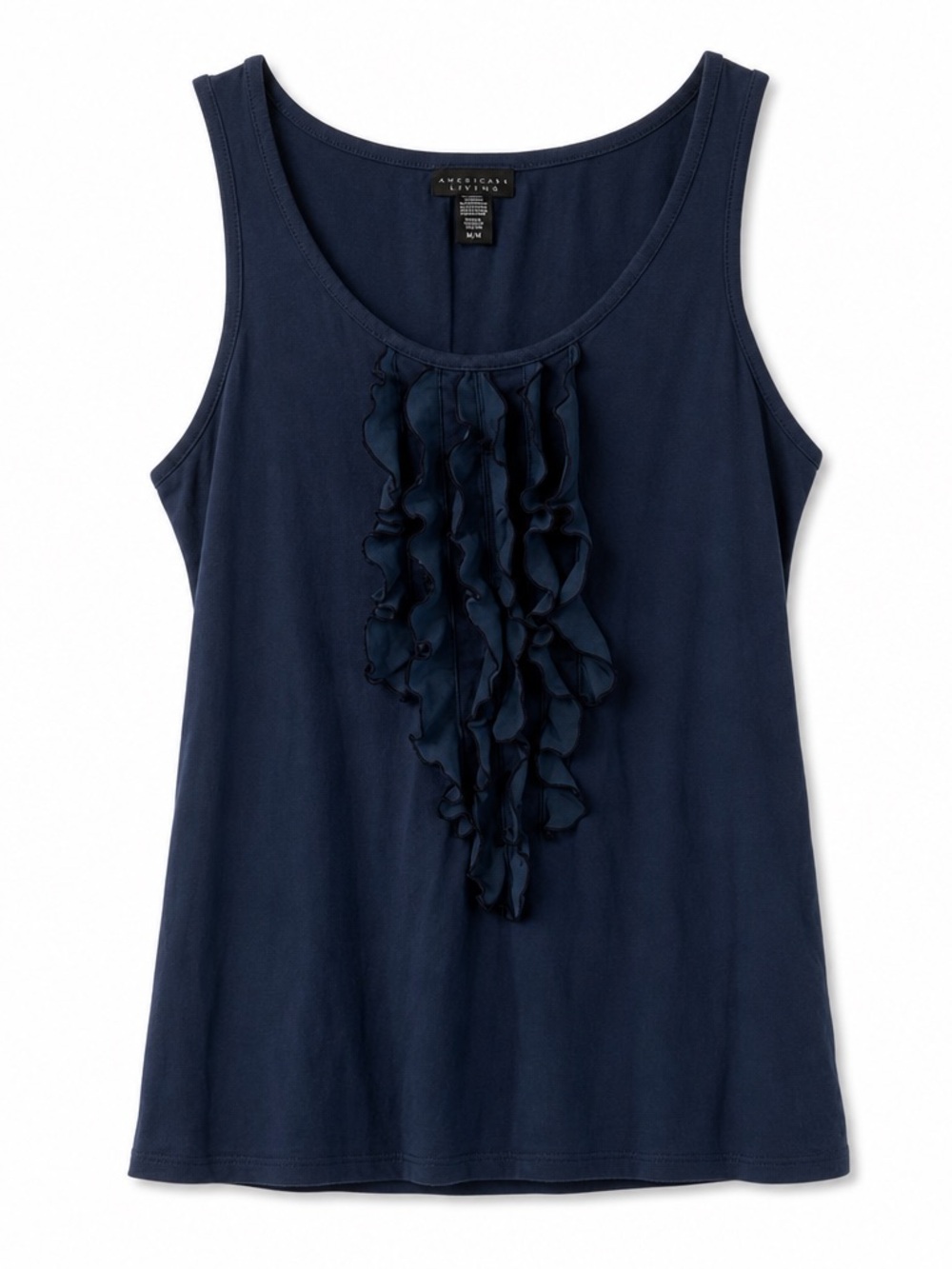 American Living Navy Ruffle Front Scoop Neck Tank